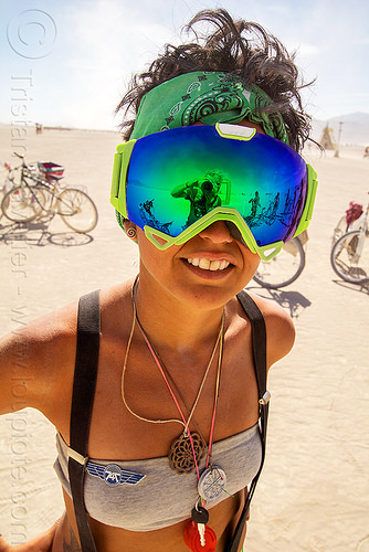 burning man - woman with mirror goggles, mirror googles, reflective googles, woman