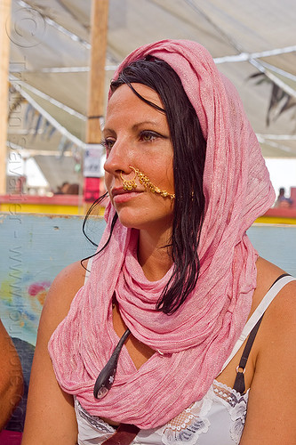 burning man - woman with nose chain, attire, burning man outfit, gold jewelry, headdress, jill, nose chain, nose jewelry, nose piercing, nose ring, nostril piercing, pink scarf, woman