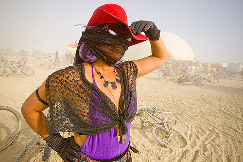 burning man - woman with red hat in white out (dust storm), attire, black gloves, black lace, burning man outfit, dust storm, mask, necklace, purple, red hat, sunglasses, white out, woman