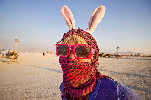 burning man - woman with red scarf and bunny ears, bunny ears, bunny march, mask, red sunglasses, scarf, woman