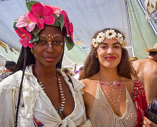 burning man - women with flower headdress, attire, burning man outfit, flower headdress, woman