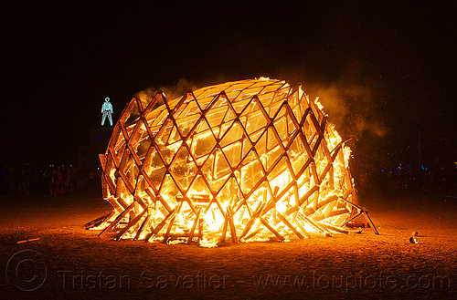 burning man - wooden egg burning, burning man at night, c.o.r.e., circle of regional effigies, collapsed, core project, fire, opalessence, the man, wooden egg, wooden frame