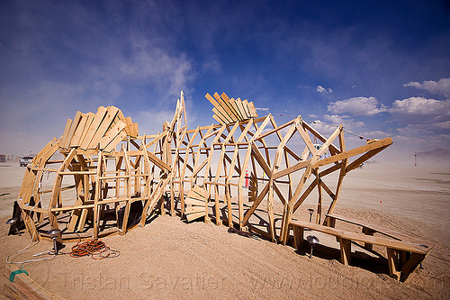 burning man - wooden frame of the cod fish, art installation, c.o.r.e., circle of regional effigies, core project, fish, the cod piece, wooden frame
