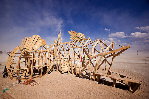 burning man - wooden frame of the cod fish, art installation, c.o.r.e., circle of regional effigies, core project, fish, the cod piece, wooden frame