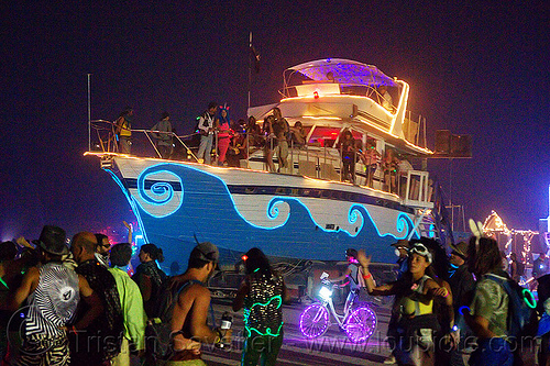 burning man - yacht christina - art car, art car, art ship, boat, burning man art cars, christina, el-wire, glowing, mutant vehicles, yacht
