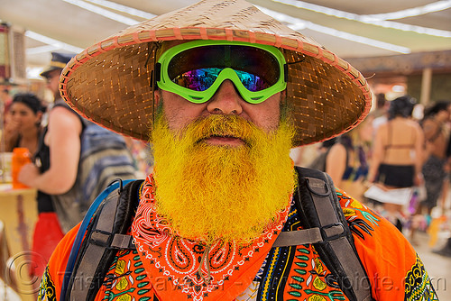 burning man - yellow beard, attire, burning man outfit, conical hat, goggles, straw hat, yellow beard