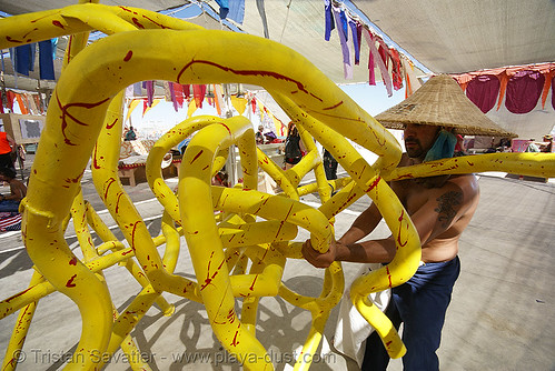 burning man - yellow maze sculpture, art installation, sculpture, yellow pipes
