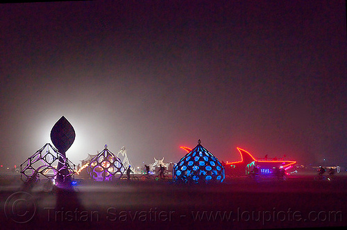 burning man - zonotopia at night, burning man at night, fish art car, shark art car, zomes, zonotopia