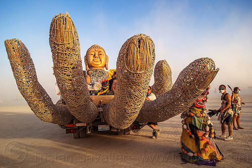 burning man - zulai hand art car, bamboo hand, buddha hand art car, buddha's hand, burning man art cars, chinese, giant hand, mazu camp, mutant vehicles, zulai hand art car