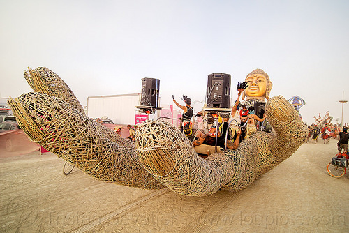 burning man - zulai hand art car, bamboo hand, buddha hand art car, buddha's hand, burning man art cars, chinese, giant hand, mazu camp, mutant vehicles, zulai hand art car