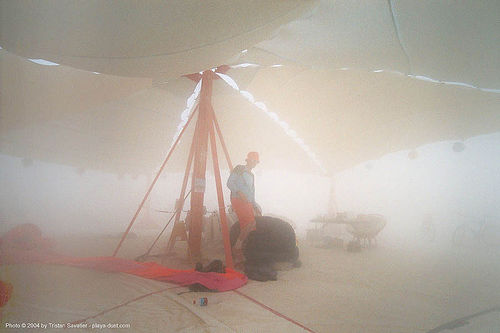 burningsky skydiver camp during a dust storm - burning man 2003, burning sky, dust storm, parachutists camp, playa dust, skydiving, whiteout