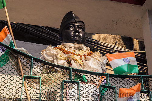 bust monument of a famous indian leader - darjeeling (india), darjeeling, flags, man, monument, sculpture, statue