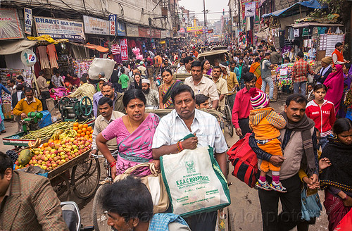 busy marker street in varanasi (india), crowd, pedestrians, varanasi, walking