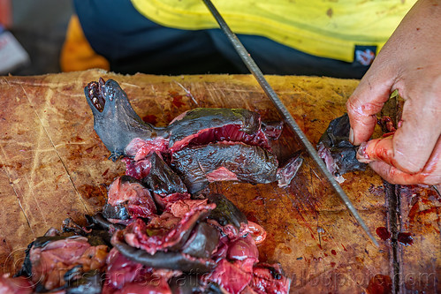 butcher cutting the carcass of a fruit bat, bat meat, black flying foxes, black fruit bats, bushmeat, cutting, knife, meat market, meat shop, pteropus alecto, raw meat, singed