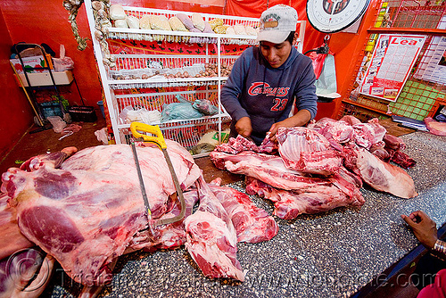 butcher selling llama meat, argentina, butcher, hack saw, llama meat, man, meat market, meat shop, noroeste argentino, quebrada de humahuaca, raw meat, tilcara