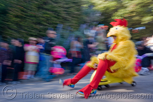 byobw - "bring your own big wheel" race - toy tricycles (san francisco), big wheel, bird costume, chicken costume, drift trikes, moving fast, potrero hill, race, red, speed, speeding, toy tricycle, toy trike, trike-drifting, yellow