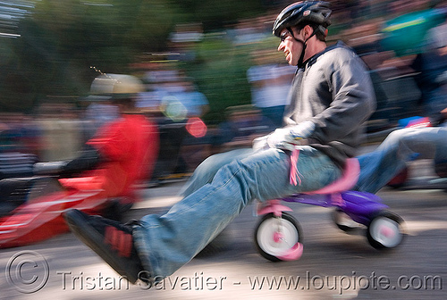 BYOBW - "bring your own big wheel" race - toy tricycles (san francisco), bicycle helmet, big wheel, drift trikes, moving fast, potrero hill, race, speed, speeding, toy tricycle, toy trike, trike-drifting