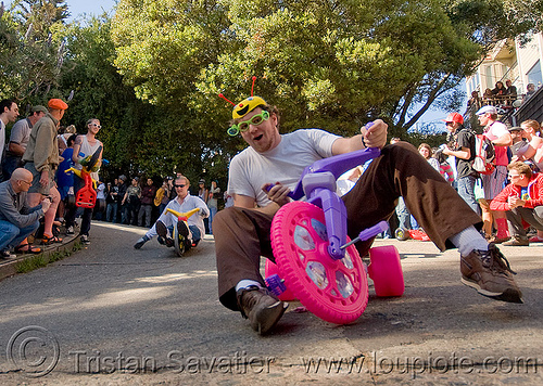 byobw - "bring your own big wheel" race - toy tricycles (san francisco), big wheel, drift trikes, moving fast, potrero hill, race, safety helmet, speed, speeding, toy tricycle, toy trike, trike-drifting