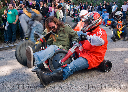 byobw - "bring your own big wheel" race - toy tricycles (san francisco), big wheel, drift trikes, full face helmet, motorcycle helmet, moving fast, potrero hill, race, speed, speeding, toy tricycle, toy trike, traffic accident, trike-drifting