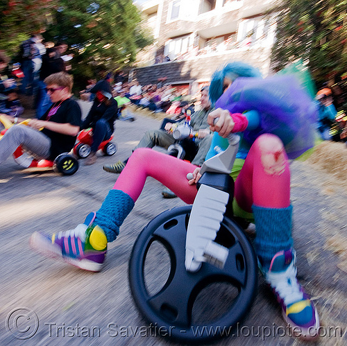 byobw - "bring your own big wheel" race - toy tricycles (san francisco), big wheel, blue wig, byobw 2011, drift trikes, moving fast, pink tights, potrero hill, race, speed, speeding, toy tricycle, toy trike, trike-drifting, tutu, woman