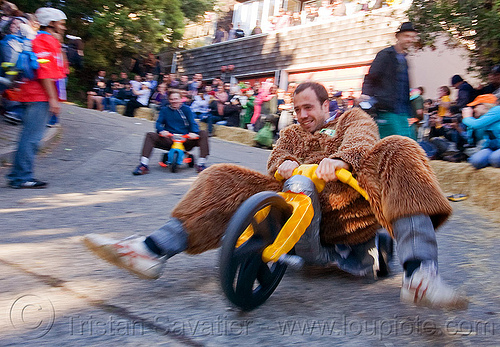 BYOBW - "bring your own big wheel" race - toy tricycles (san francisco), big wheel, byobw 2011, drift trikes, fur costume, moving fast, potrero hill, race, speed, speeding, toy tricycle, toy trike, trike-drifting