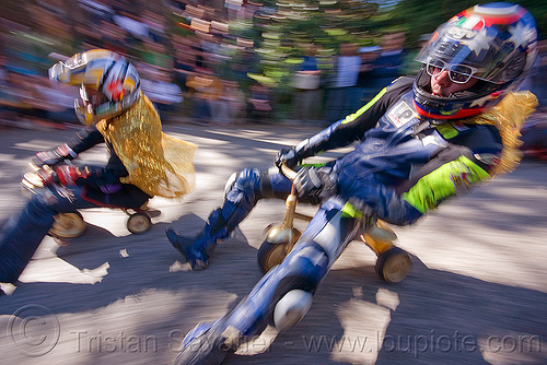 byobw - "bring your own big wheel" race - toy tricycles (san francisco), big wheel, byobw 2011, drift trikes, full face helmet, motorcycle helmet, motorcycle racer costume, moving fast, potrero hill, race, speed, speeding, toy tricycle, toy trike, trike-drifting