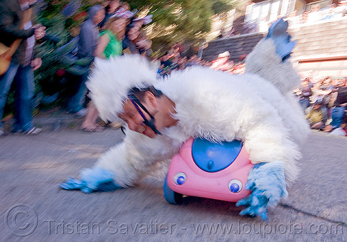 byobw - "bring your own big wheel" race - toy tricycles (san francisco), big wheel, byobw 2011, drift trikes, fuzzy costume, moving fast, potrero hill, race, speed, speeding, toy car, toy tricycle, toy trike, trike-drifting, white