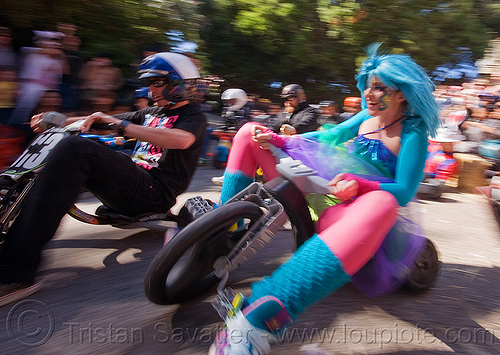 byobw - "bring your own big wheel" race - toy tricycles (san francisco), big wheel, blue wig, byobw 2011, drift trikes, moving fast, pink tights, potrero hill, race, speed, speeding, toy tricycle, toy trike, trike-drifting, tutu, woman