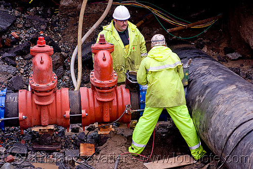 c515 cut-off valves - utility workers fixing broken water main (san francisco), awwa c515, construction workers, cut-off valves, gate valves, hetch hetchy water system, high-visibility vest, reflective vest, repairing, resilient, safety helmet, safety vest, sfpuc, sink hole, utility crew, utility workers, water department, water main, water pipe, working