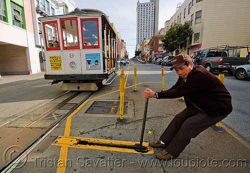 cable car switch - powell street (san francisco), cable car, man, muni worker, powell st, powell street, railroad switch, railroad tracks, railway tracks, the point