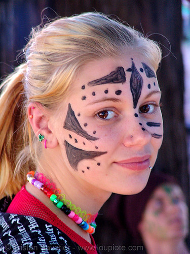 candy kid girl with face paint - burning man decompression, beads, child, face painting, facepaint, kandi kid, kandi raver, little girl, necklace, piercing, raver outfits, stranger, teenager, woman