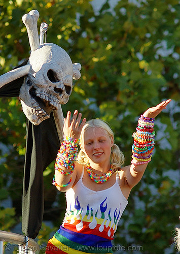 candy kid - san francisco lovefest 2007, beads, blonde, crossbones, dancing, jules, juliana, kandi kid, kandi raver, lovevolution, raver outfits, skull and bones, woman