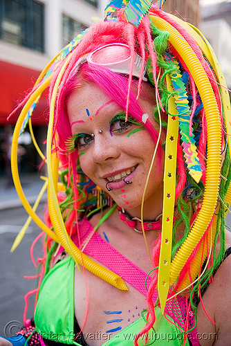 candy kid with neon hair, bridge piercing, clothing, dreadfalls, fashion, kandi kid, kandi raver, lip piercing, neon color, nose piercing, pink hair, raver outfits, snake bites piercing, woman