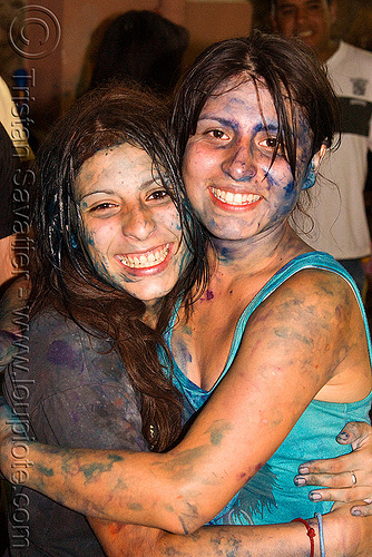 carnaval - carnival in jujuy capital (argentina), andean carnival, argentina, carnaval de la quebrada, friends, girls, hugging, jael, jujuy capital, natalia, naty, noroeste argentino, paint, san salvador de jujuy, women