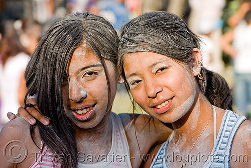 carnival in jujuy capital (argentina) - two girls, andean carnival, argentina, carnaval de la quebrada, friends, girls, jujuy capital, noroeste argentino, san salvador de jujuy, talk powder, women