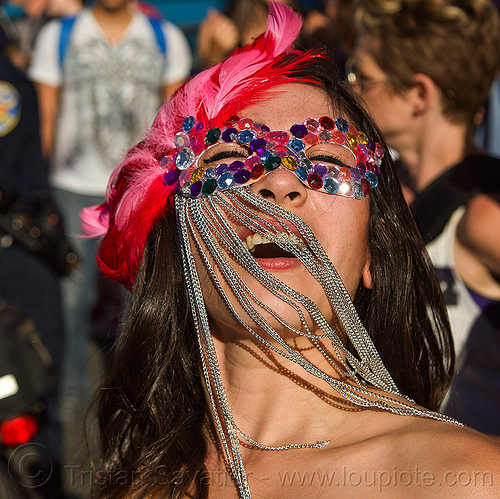 carnival mask with chains - pink feathers - rhinestones, carnival mask, chains, colorful, fringes, gay pride festival, pink feathers, rhinestones, woman