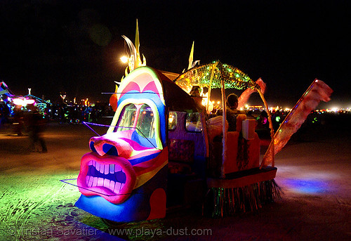 cartoon art car - burning man 2007, burning man, cartoon, mutant vehicles, night, unidentified art car