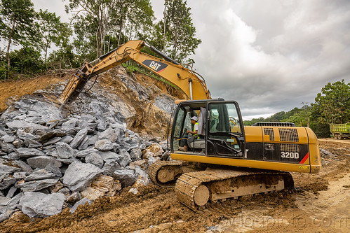 cat 320d excavator with jackhammer, breaking rocks - road work, cat 320d, caterpillar excavator, jackhammer, man, mud, road construction, roadwork, rocks, working