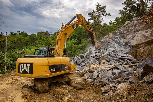 cat 320d excavator with jackhammer, breaking rocks - road work, cat 320d, caterpillar excavator, jackhammer, man, mud, road construction, roadwork, rocks, working