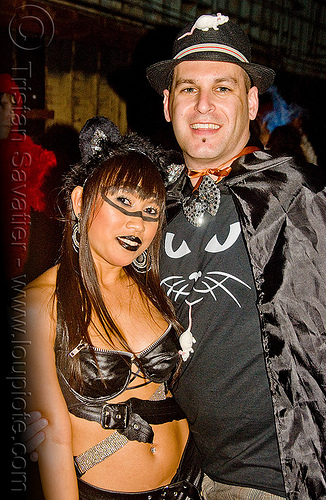 cat and mouse costumes, cat, costume, ghostship 2009, halloween, leather, man, party, white mouse, woman