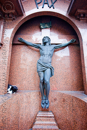 cat sleeping near crucifix - recoleta cemetery (buenos aires), argentina, buenos aires, cat, christ, christian cross, corpus, crucifix, grave, graveyard, jesus, pax, recoleta cemetery, tomb