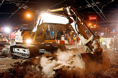 caterpillar 322l excavator, at work, cat 322l, demolition, dust, excavator, high-visibility jacket, high-visibility vest, light rail, man, muni, night, ntk, overhead lines, railroad construction, railroad tracks, railway tracks, reflective jacket, reflective vest, safety glasses, safety helmet, safety vest, san francisco municipal railway, track maintenance, track work, worker, working