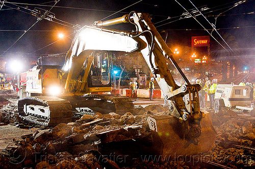 caterpillar 322l excavator, at work, cat 322l, demolition, excavator, light rail, muni, ntk, overhead lines, railroad construction, railroad tracks, railway tracks, san francisco municipal railway, track maintenance, track work, working