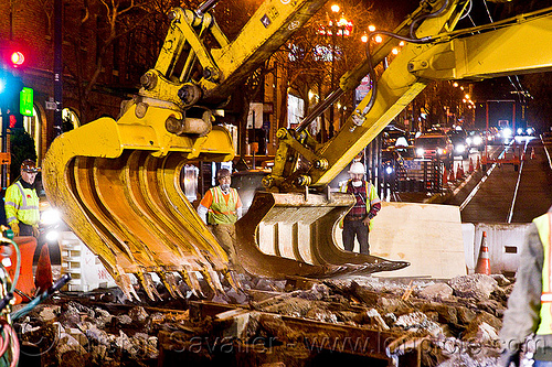 caterpillar 322l excavator shovel attachments, at work, cat 322l, demolition, excavators, high-visibility jacket, high-visibility vest, light rail, man, muni, ntk, railroad construction, railroad tracks, railway tracks, reflective jacket, reflective vest, safety helmet, safety vest, san francisco municipal railway, track maintenance, track work, worker, working