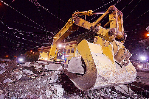 caterpillar 326l excavator, at work, bucket attachment, cat 326l, demolition, excavator bucket, light rail, muni, night, ntk, overhead lines, pavement, railroad construction, railroad tracks, railway tracks, san francisco municipal railway, track maintenance, track work, working