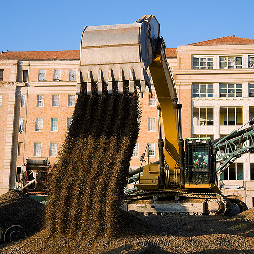 caterpillar 330d excavator, abandoned building, abandoned hospital, at work, bucket attachment, building demolition, cat 330d, caterpillar 330d, caterpillar excavator, excavator bucket, gravel, presidio hospital, presidio landmark apartments, working