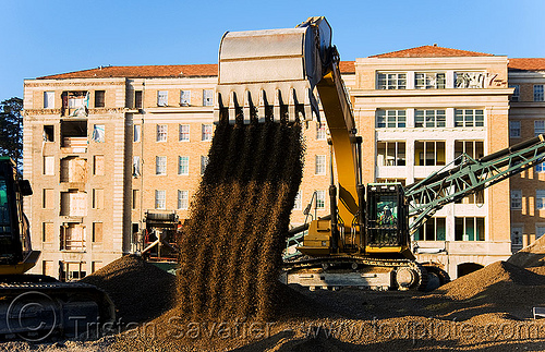 caterpillar 330d excavator - moving gravel, abandoned building, abandoned hospital, at work, bucket attachment, building demolition, cat 330d, caterpillar 330d, caterpillar excavator, excavator bucket, gravel, presidio hospital, presidio landmark apartments, working