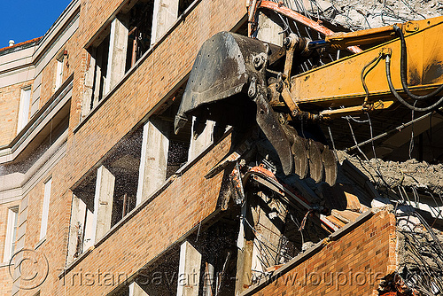 caterpillar cat 375 excavator bucket - building demolition, abandoned building, abandoned hospital, at work, bucket attachment, building demolition, cat 375 excavator, caterpillar 375 excavator, caterpillar excavator, excavator bucket, presidio hospital, presidio landmark apartments, working