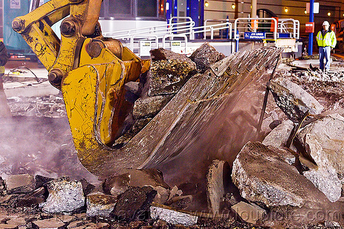 caterpillar excavator bucket, at work, bucket attachment, cat 326l, demolition, excavator bucket, light rail, muni, night, ntk, railroad construction, railroad tracks, railway tracks, san francisco municipal railway, track maintenance, track work, working