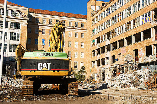 caterpillar excavator - building demolition, abandoned building, abandoned hospital, building demolition, caterpillar excavator, presidio hospital, presidio landmark apartments